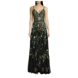 Mac Duggal Sequin Beaded Floral Black Multicolor Formal Maxi Dress Sz 4 NWT
